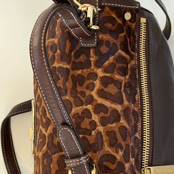Michael Kors Satchel Leopard Calf Skin Flap Top Handel Dk Brown Pebbled Leather - Picture 3 of 16